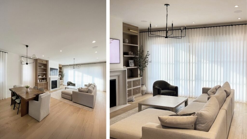Modern Toronto house living room featuring floor-to-ceiling sheer drapes.