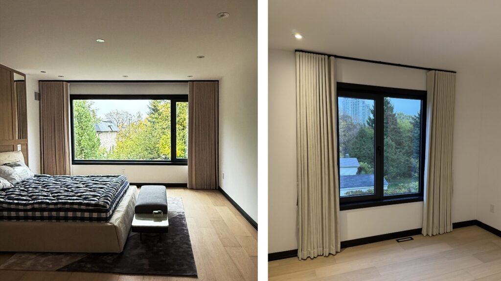 Floor-to-ceiling blackout drapes in a modern Toronto bedroom for ultimate privacy and light control.