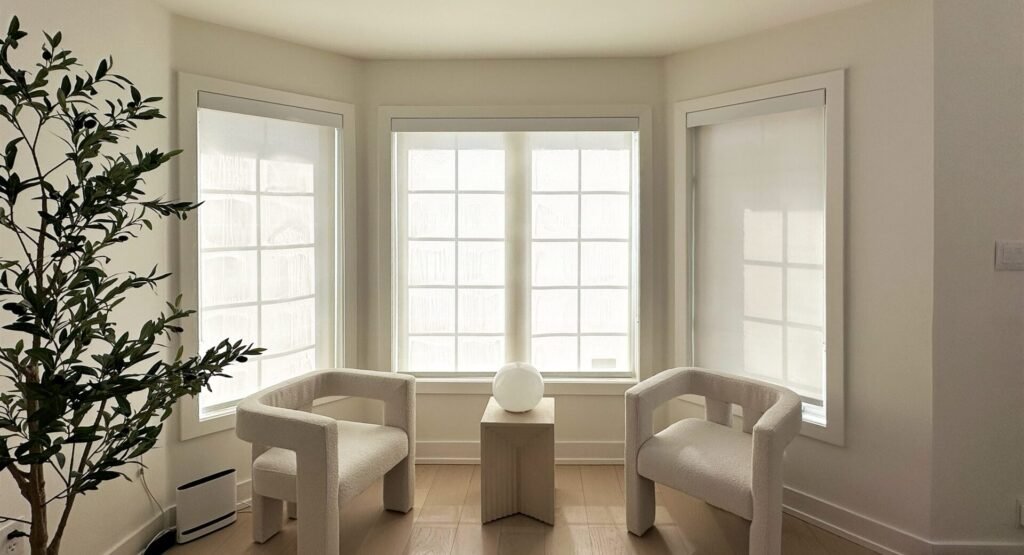 living room with blinds