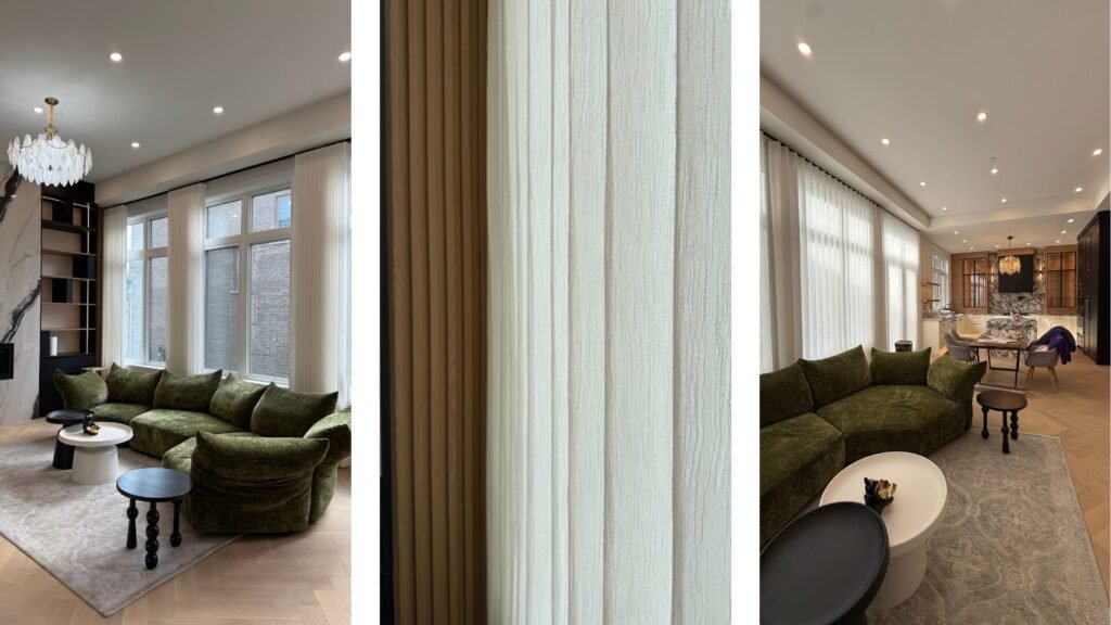 luxury living room with starlight shutter installed white sheer