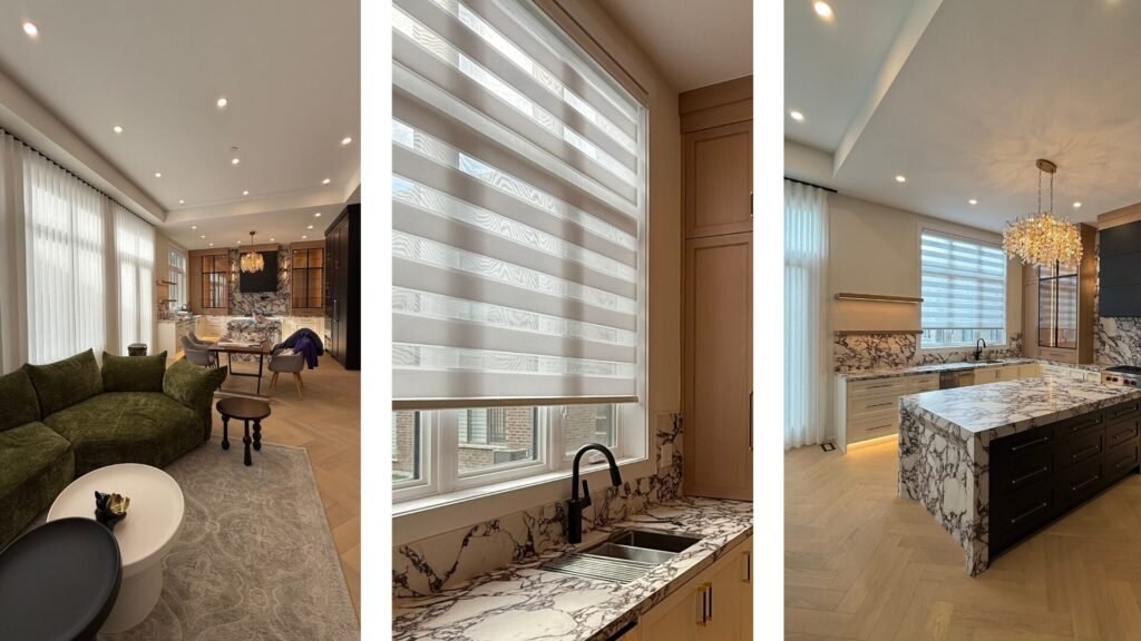luxury kitchen with zebra blinds
