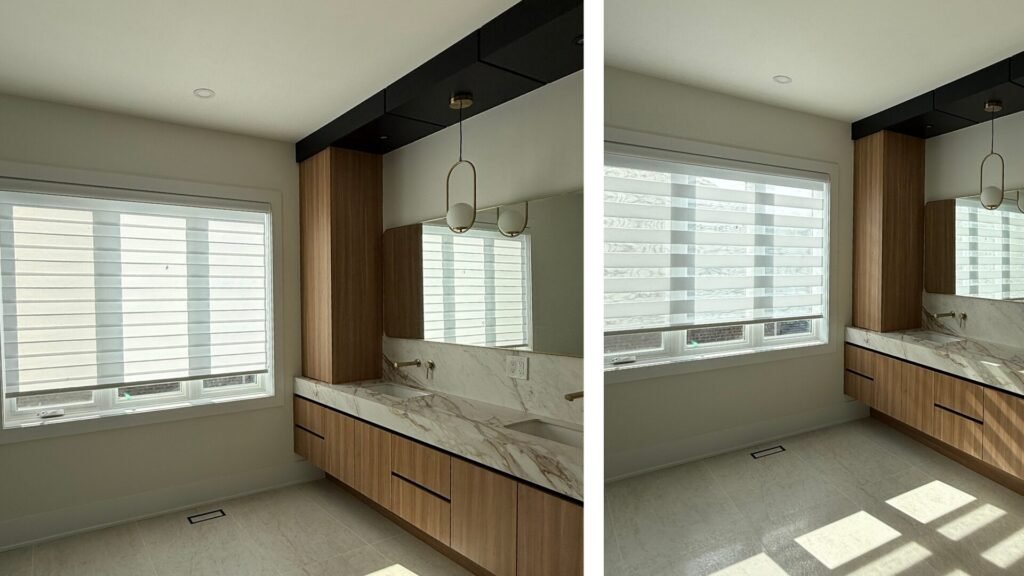 primary ensuite bathroom with zebra blinds in toronto