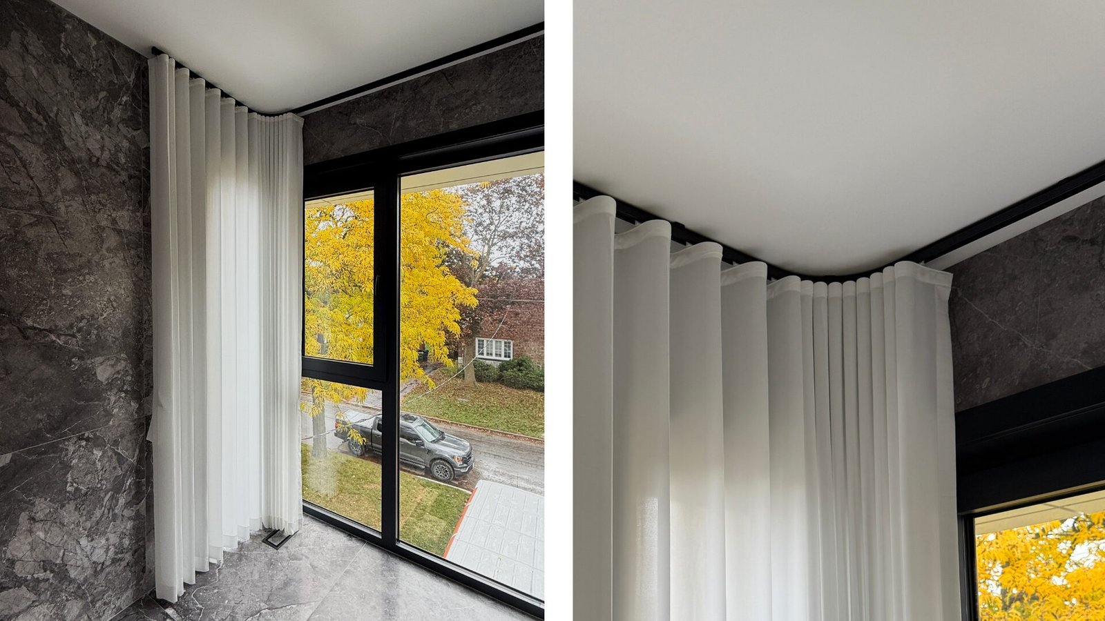Corner window treatment in a Toronto home — motorized roller shades meeting cleanly at the 90-degree corner, Starlight Shutter installation