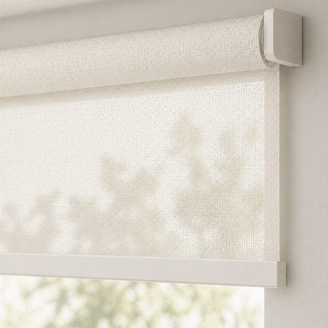 Off-white roller and solar shades close up in a Toronto house