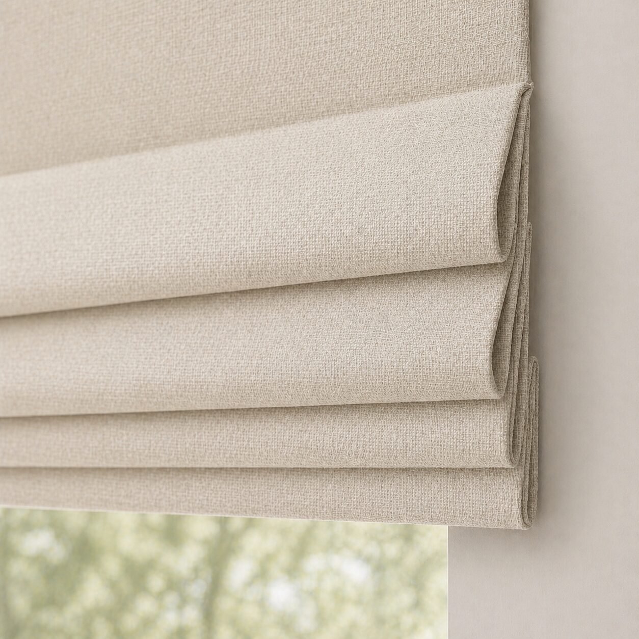 a close up for roman blinds and shades in beige color