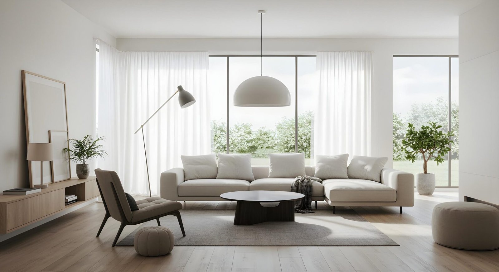 Motorized window treatments in a bright modern Toronto living room