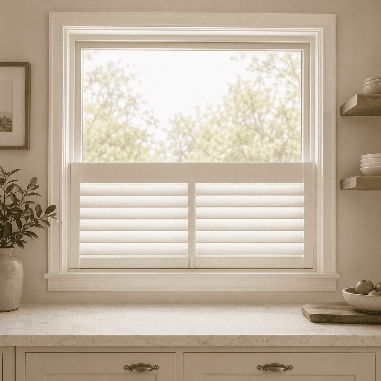 Café-style California shutter covering the lower half of the window only