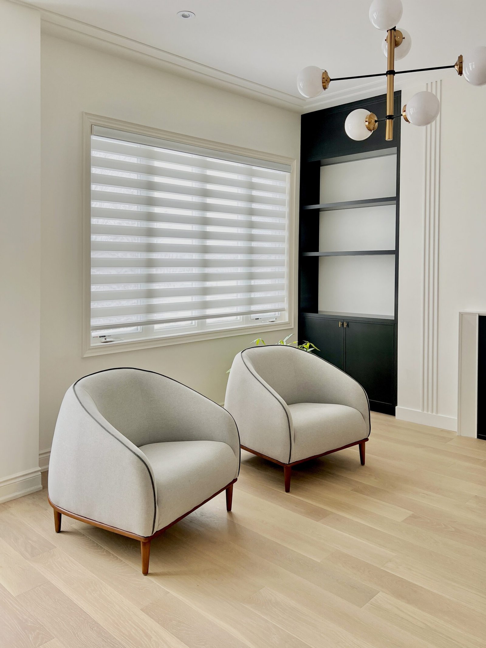 White zebra blinds in a bright Toronto sitting room