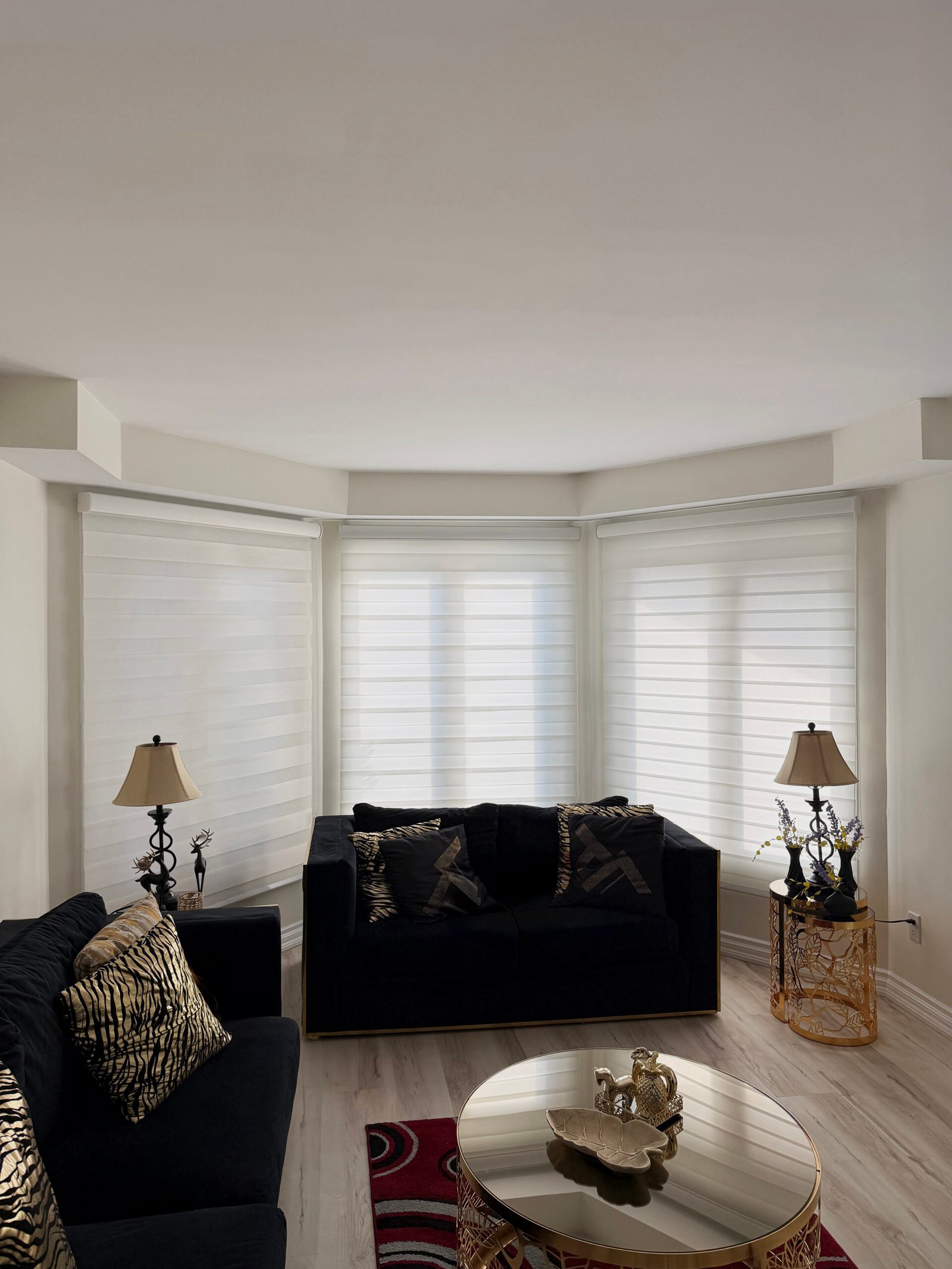 White zebra blinds across a sunlit bay window in a Toronto home