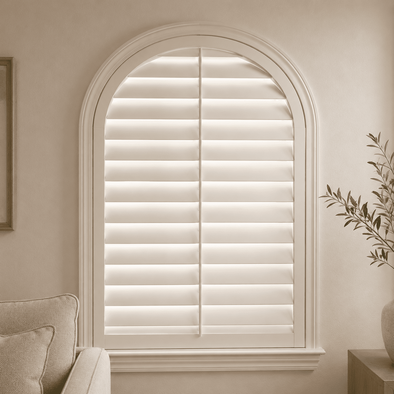 Custom arched-top special-shape California shutter fitted precisely to a non-standard window