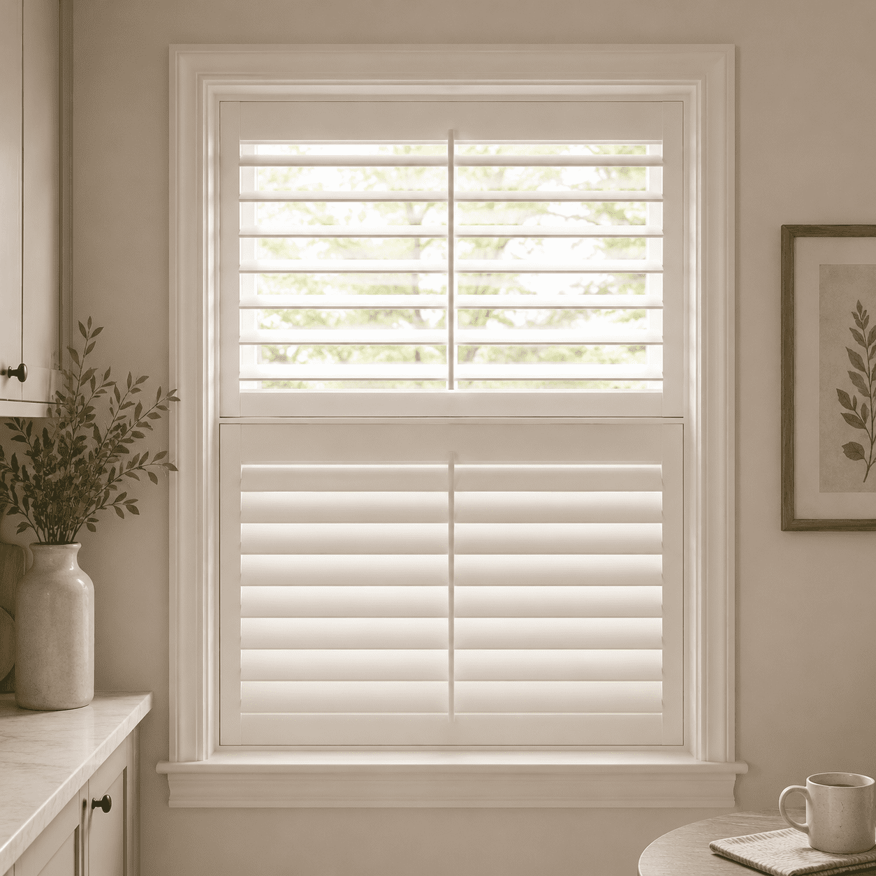 Tier-on-tier California shutter with independently operable top and bottom panels