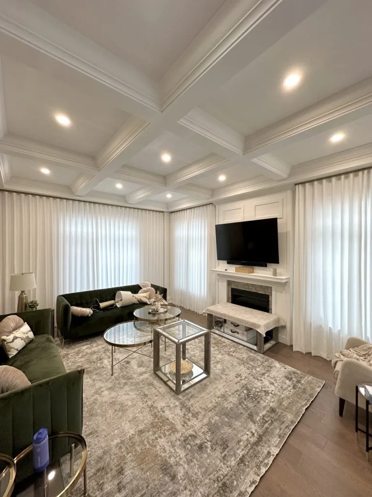sheer drapery with modern black rod in toronto town house living room