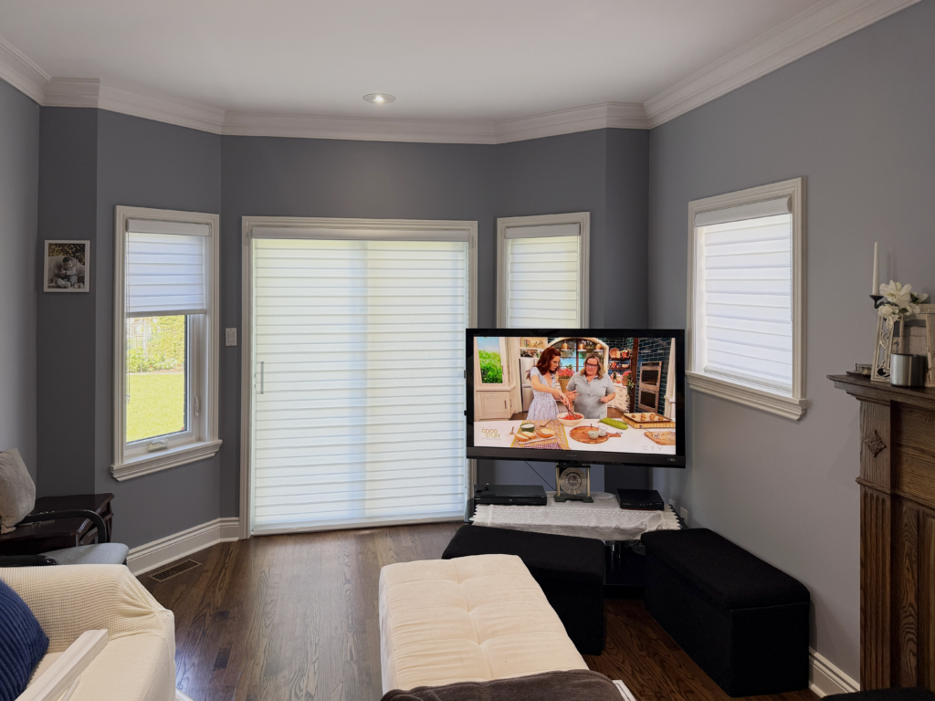 zebra blinds in great room by starlight shutter in a burlington house