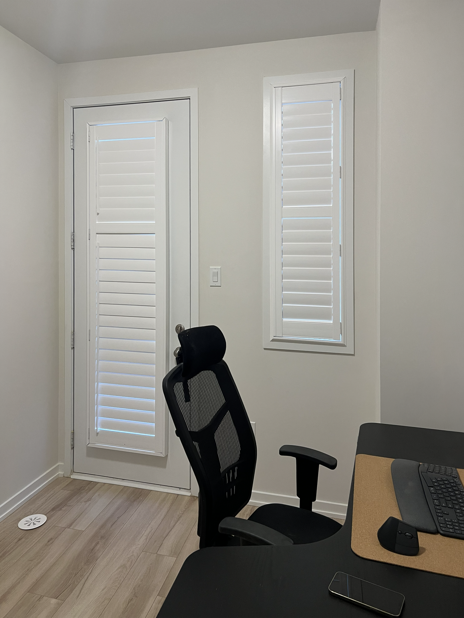 Door-mounted plantation shutters with louvres tilted open
