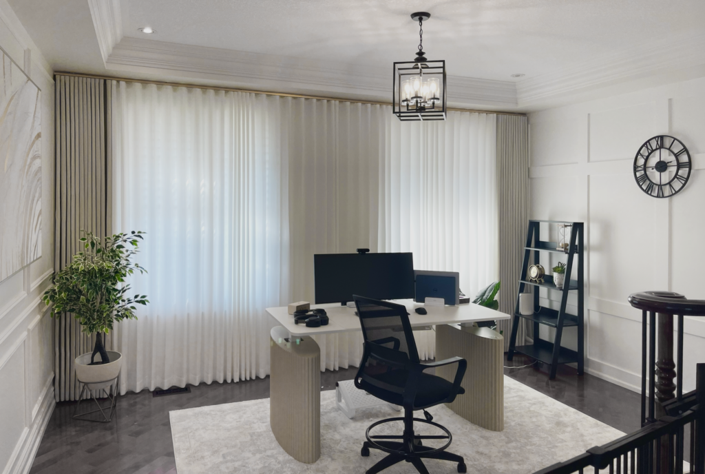 Custom blackout curtains framing fireplace windows in an elegant Toronto home office