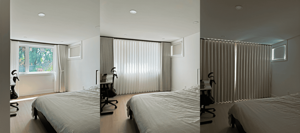 3 pictures of same bedroom showing the light differences between natural light, with sheer and with blackout curtains