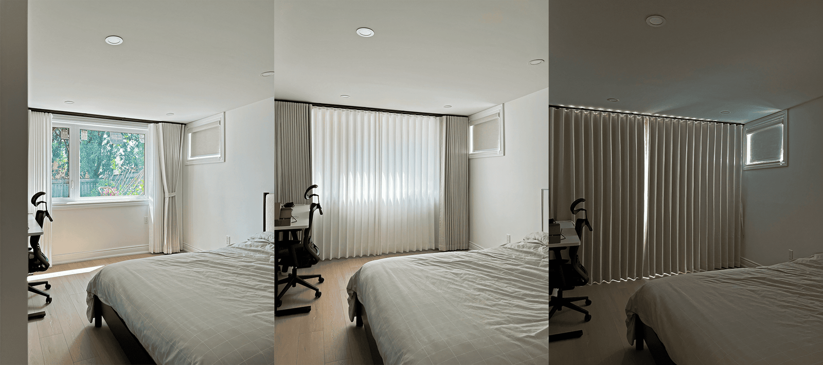 3 pictures of same bedroom showing the light differences between natural light, with sheer and with blackout curtains