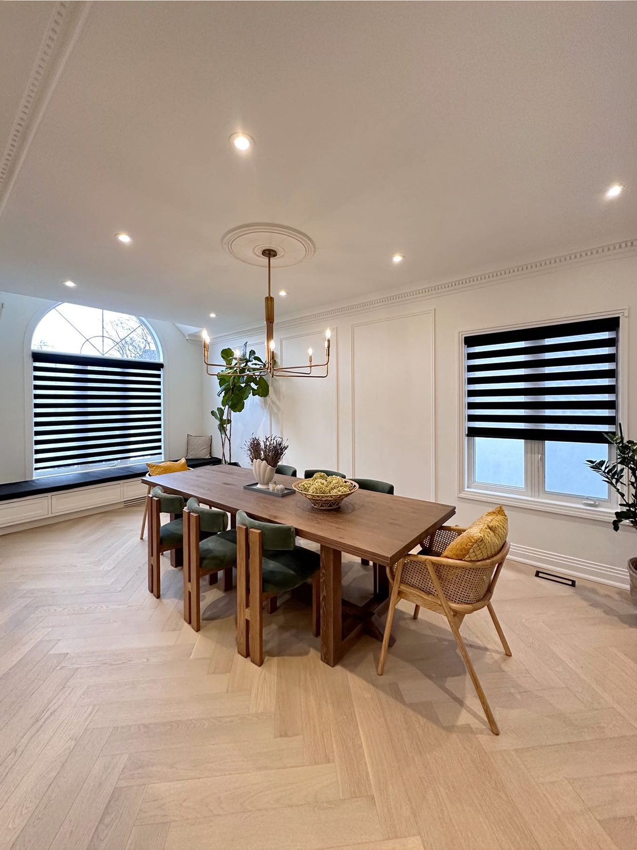 Black zebra blinds in a Newmarket dining room by Starlight Shutter