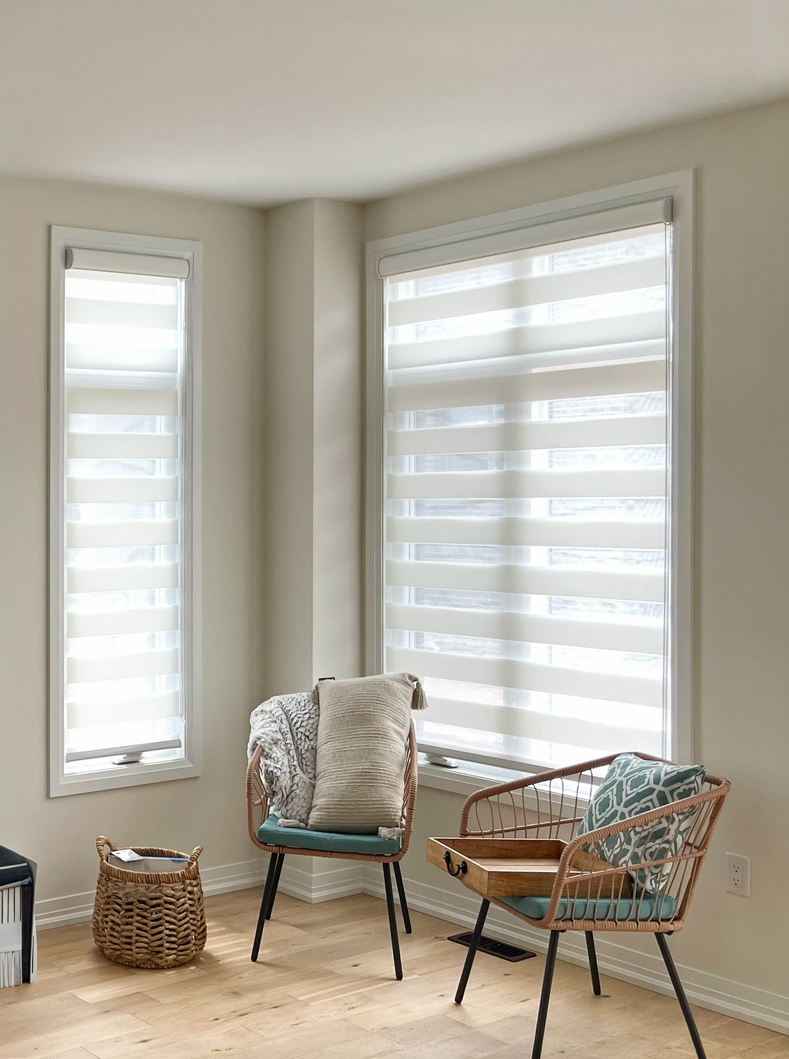 Zebra blinds on a corner window in a Stouffville home
