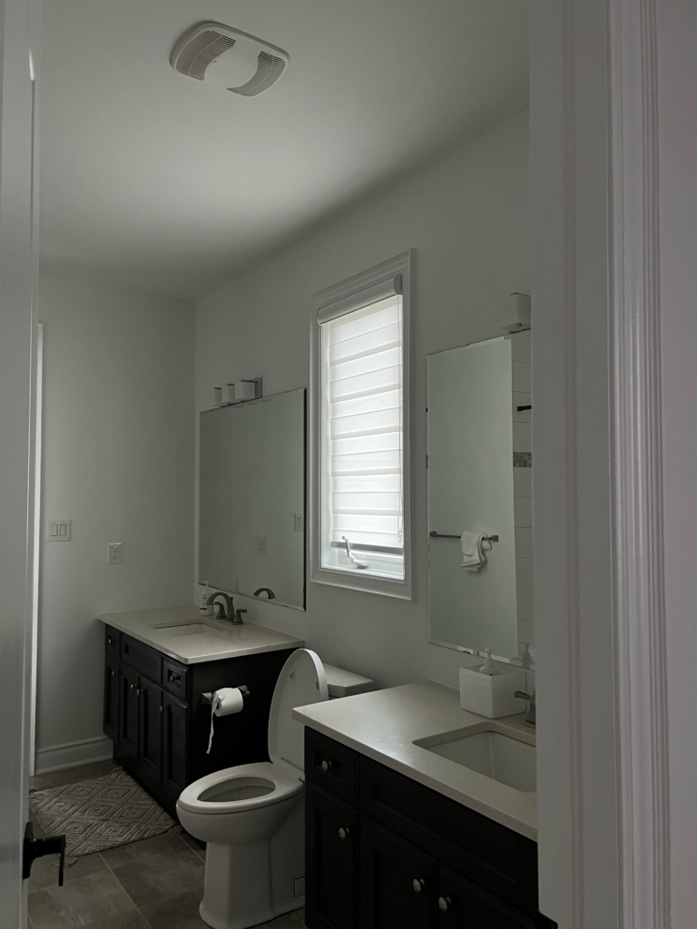 White light filtering zebra blind in a shared bathroom with dark vanities.